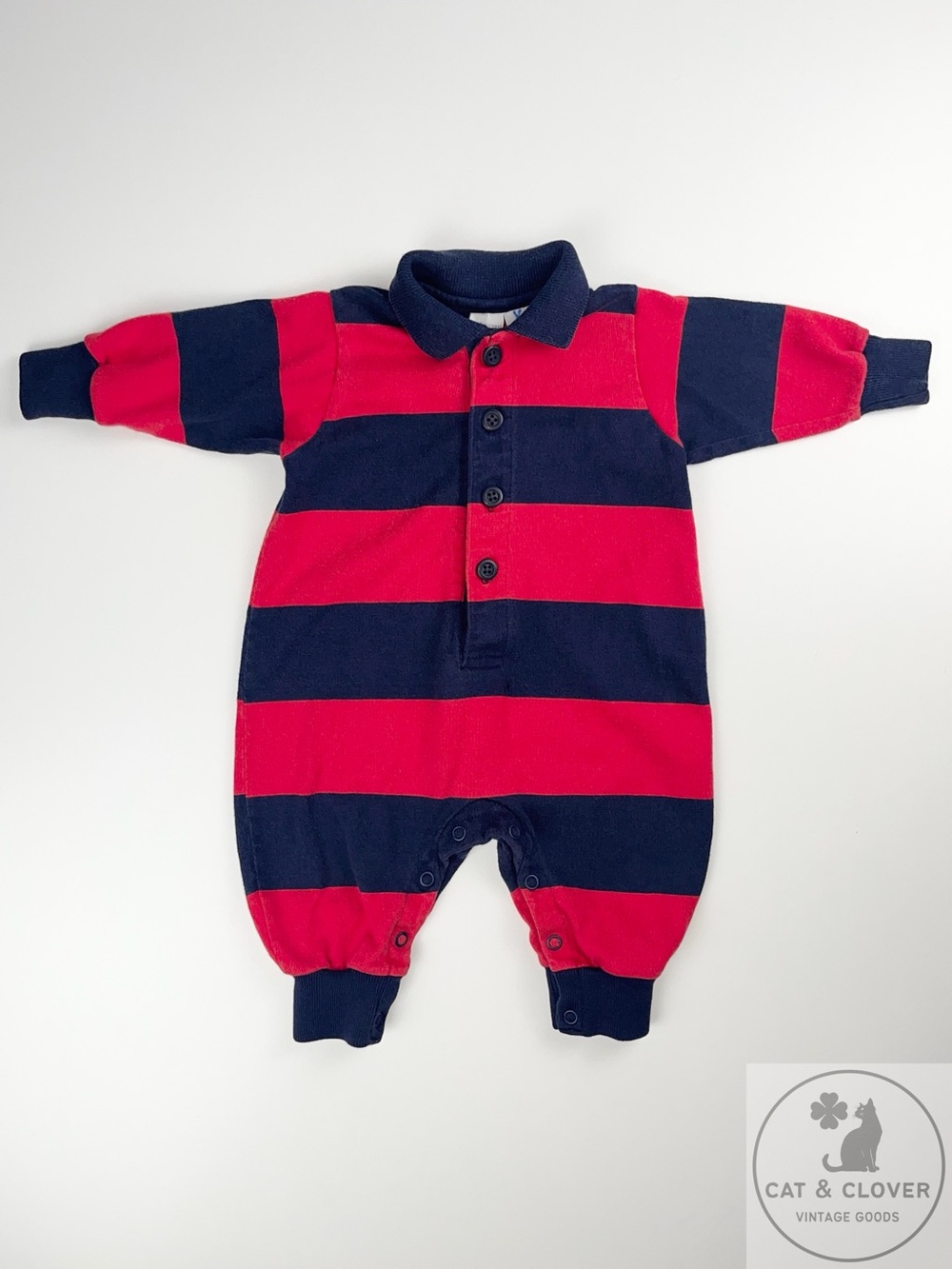 Lands’ End 80s Baby Red Navy Vintage Rugby Romper USA 6 Months